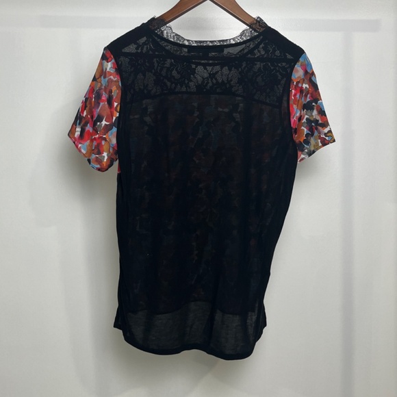 French Connection multi color chiffon black lace top - Picture 3 of 7